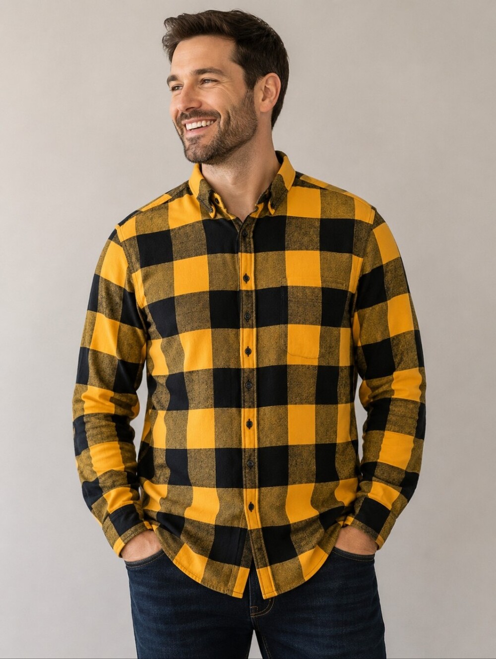 Mens XL‎ Yellow Black Buffalo Plaid Flannel Button Down Shirt 90s Grunge Skater